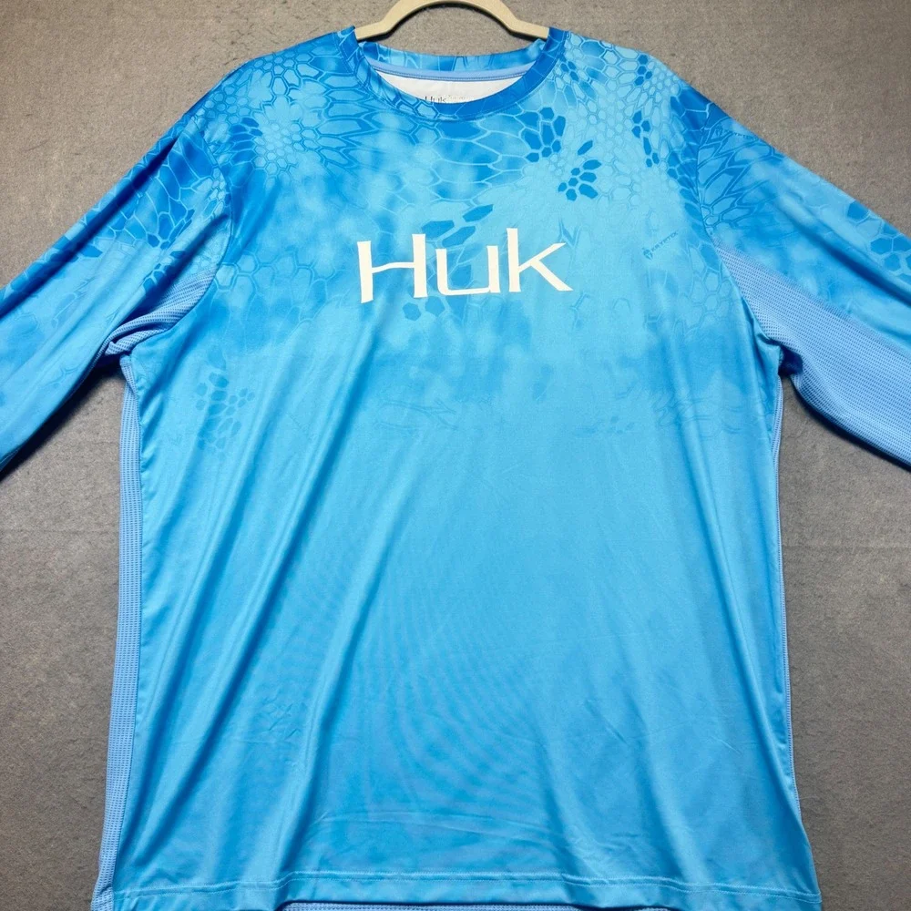 Huk Mens XL Blue Kryptek Camo Long Sleeve Performance Fishing Shirt Mesh Back